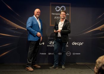 Andrew van Leeuwen (right) accepting the Best Podcast award in Sydney. Image: Newspress Australia