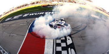 Joey Logano celebrates victory
