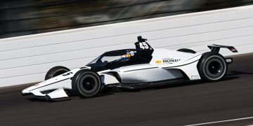 An IndyCar tests at Indianapolis Motor Speedway.