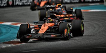 Oscar Piastri won out in a wheel-to-wheel battle with Max Verstappen to take victory in the Miami Grand Prix. Image: XPB Images.