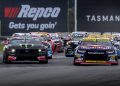The start of a Supercars race at Symmons Plains Raceway.