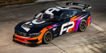 A Ford Mustang GT4 in its launch livery.